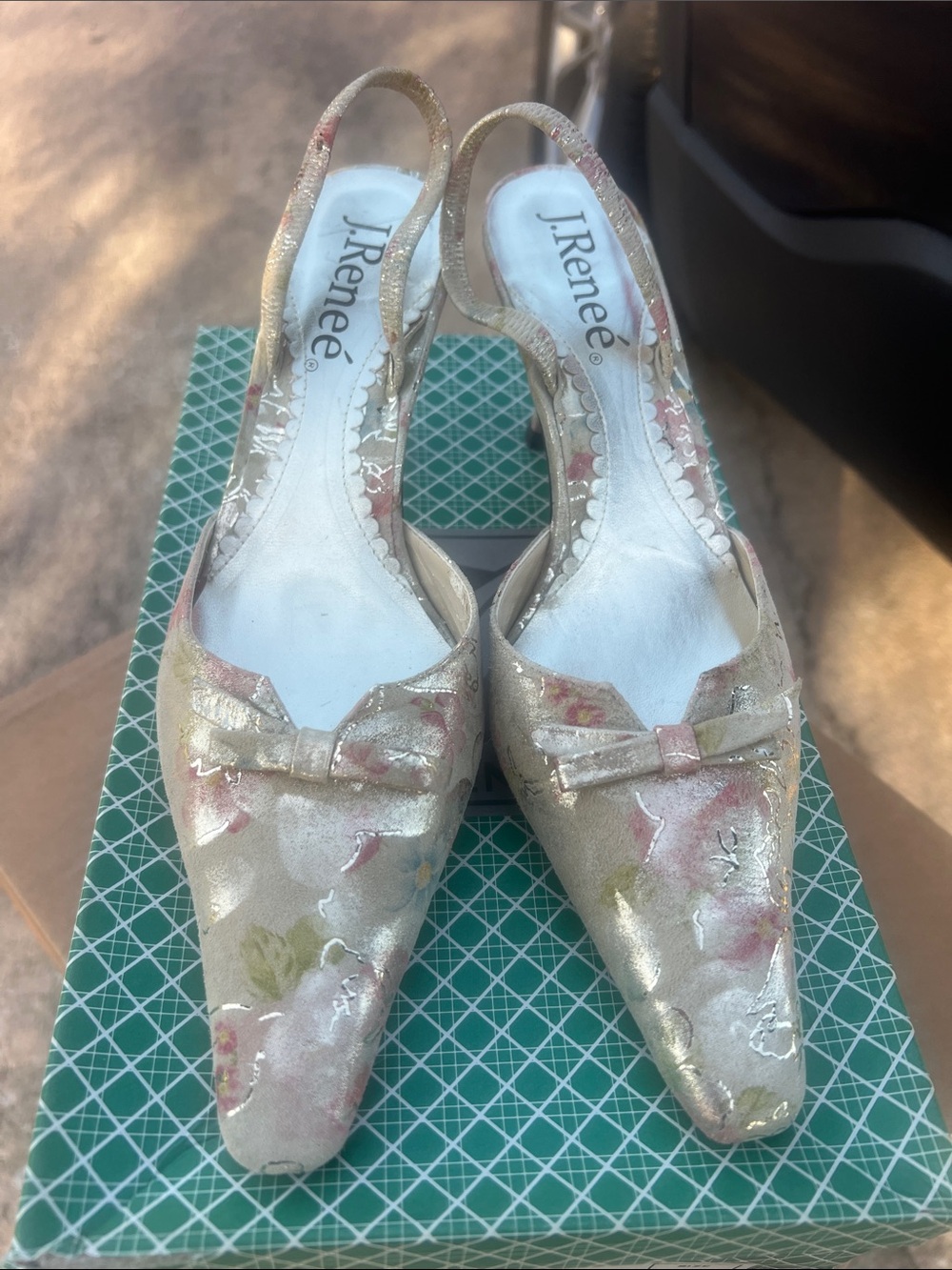 J.Renee Gold Floral Slingback Mules with Bow Accent